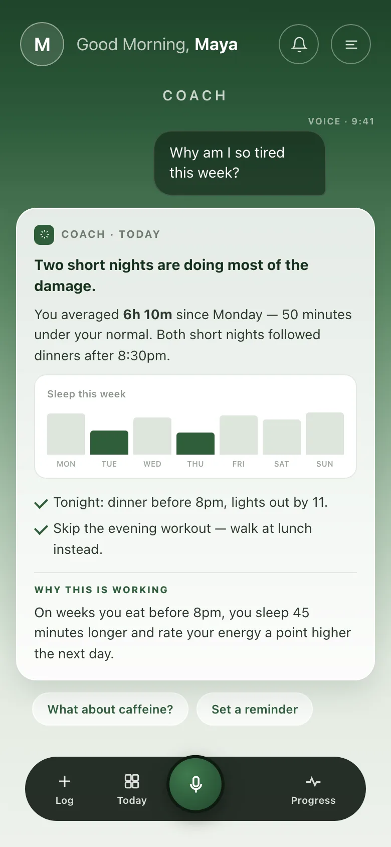 tr8ck coach thread answering 'Why am I so tired this week?' with a plain-English explanation and a sleep chart