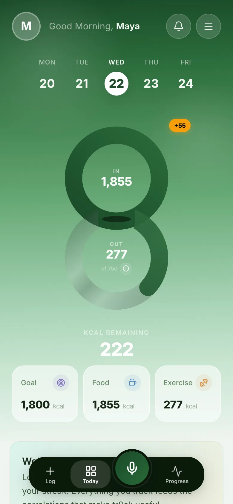 tr8ck dashboard showing your daily calorie ring, sleep, steps and mood at a glance
