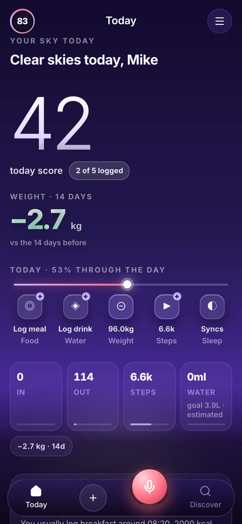 tr8ck home screen: Today Score 42, 2 of 5 modules logged, weight down 2.7 kg over 14 days
