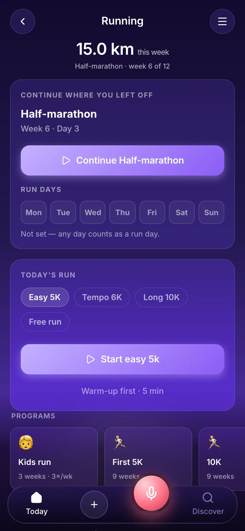 tr8ck Running screen: 15 km this week, half-marathon programme week 6